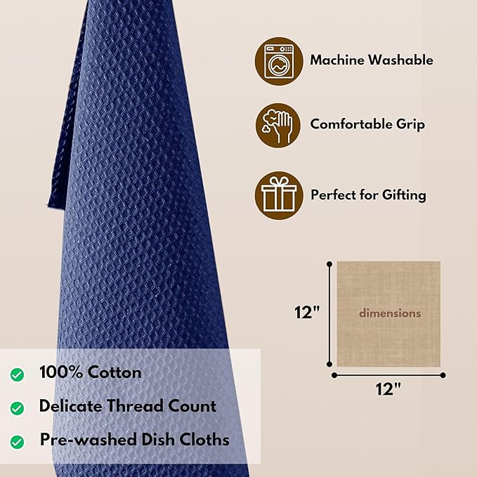 Native Fab 18 Pack Waffle Dish Cloths - 100% Cotton, 12x12 inch, Absorbent, Quick Drying, Washable Towels for Cleaning, Cooking & Baking - Perfect for Home, Restaurants, Bars, Multi Use - Indigo Blue