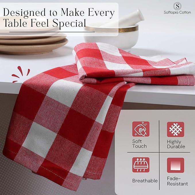Buffalo Plaid Cloth Napkins, Set of 4, Soft, Absorbent, Durable, Reusable Fabric Napkins, Check Napkins for Dinner, Wedding, Restaurant, Buffet, Party, Christmas - Red White (16"x16")