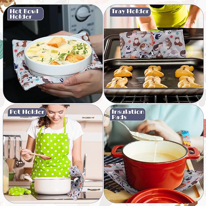 Cunhill 4 Pcs Cotton Microwave Bowl Cozy Holders for Hot Food Hot Pads Soup Bowl Potholders Heat Resistant Multipurpose Quilted Safe Holders for Kitchen Plate Supply(Light Gray,Cat Style)