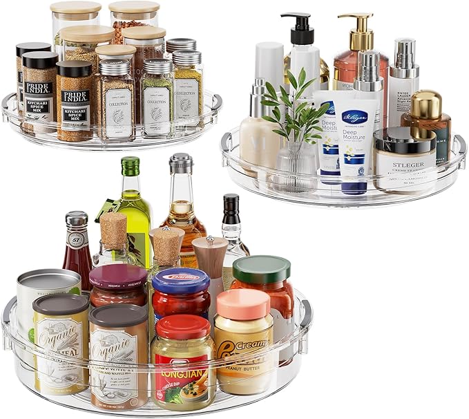 3 Pack Clear Lazy Susan Turntable Organizer for Cabinet, Table Top, Refrigerator, Kitchen Pantry Organizers and Storage, Spice Organizer, 12'', 10.6'', 9.25''