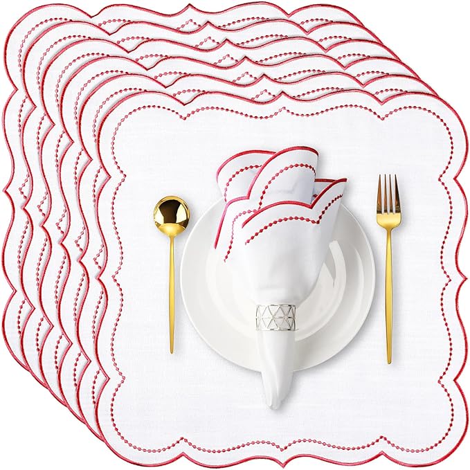 Hahafelt Cloth Napkins 18x18inches Scalloped Embroidery Cloth Napkins Washable Polyester Table Dinner for Hotel Restaurant Weddings Events Parties(Red,6 Set)