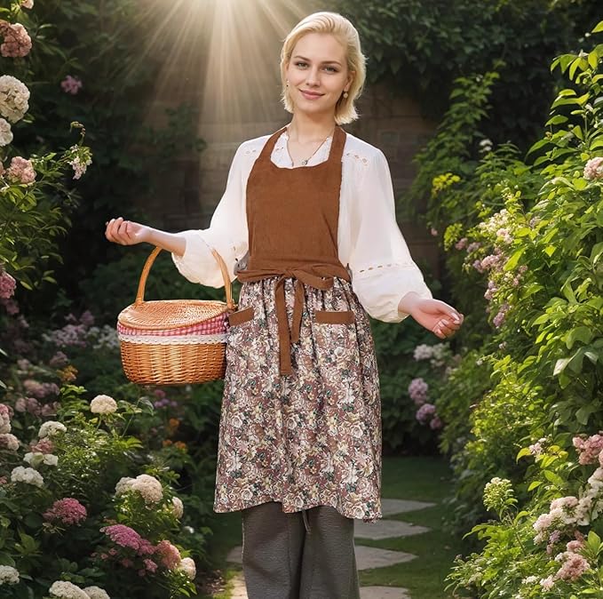 Cute Floral Aprons for Women with Pockets,Cotton Adjustable Neck Strap Apron for Kitchen Cooking Baking Gardening