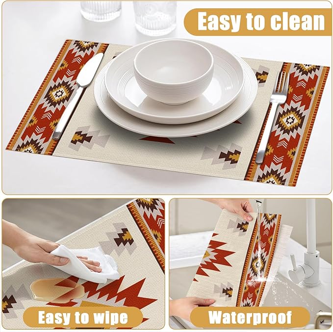 Southwestern Placemats Set of 6, Rusty Red Tribal Geometric Linen Place Mat Washable Stain Resistant Table Mats for Farmhouse Kitchen Dining Decor 12x18 Inch