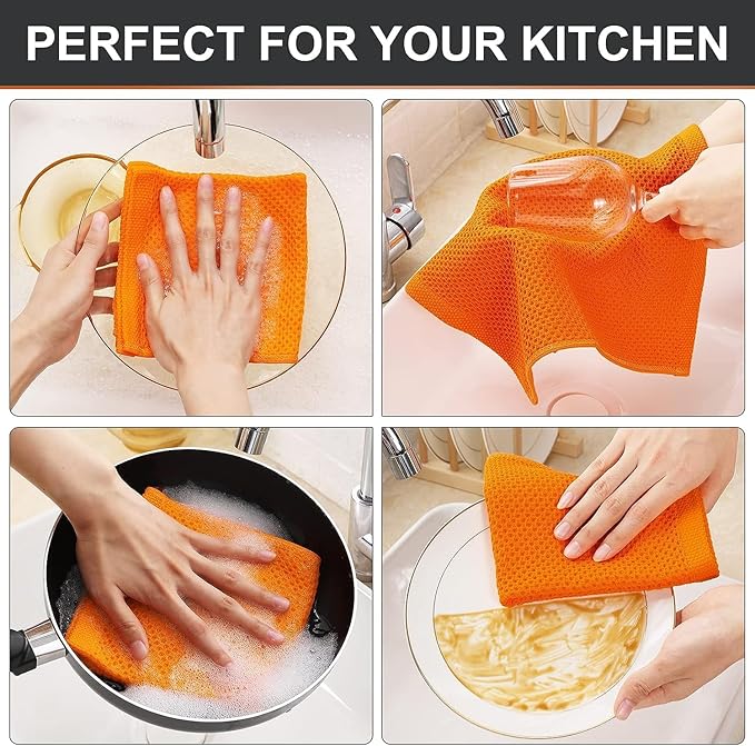 Kitinjoy 100% Cotton Kitchen Dish Cloths (12 X 12 Inches, Orange), 12 Pack Waffle Weave Ultra Soft Absorbent Dish Towels for Drying Dishes Quick Drying Kitchen Towels Dish Rags