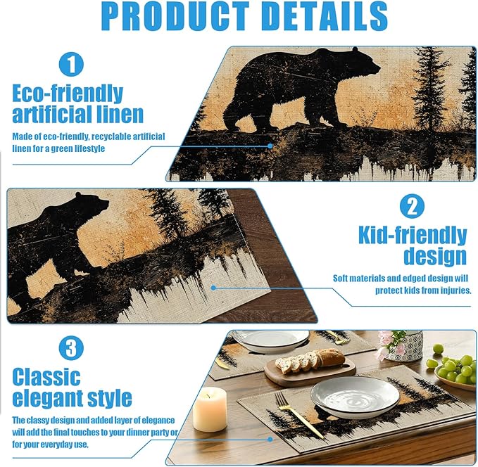 Retro Bear Pine Tree Placemats Set of 6, Vintage Washable Linen Place Mat Heat Resistant Non Slip Kitchen Dining Table Mats 12x18 Inch