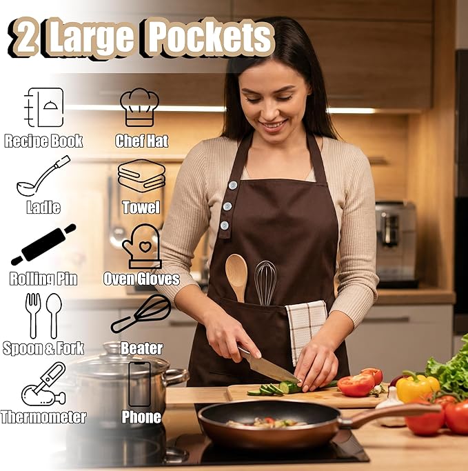 TOSHE Kitchen Apron Waterdrop Resistant Cotton Apron with adjustable Aprons for Women with Pockets 12 Color option Cooking Brown Apron (Brown)