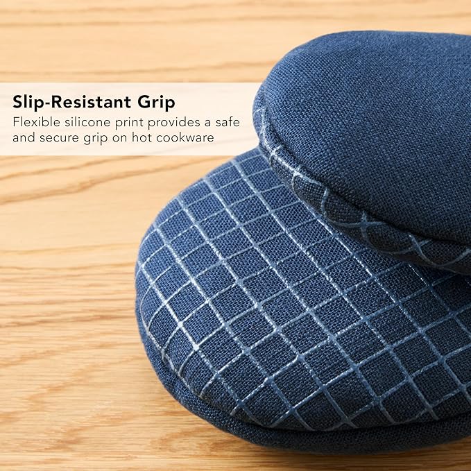 KITCHENAID Gourmet Series Gridlines Mini Oven Mitts 2-Pack Set, Heat Resistant up to 600°F, Soft Silicone Grip, Magnetic Cuff, Ink Blue, 5.5"x9"