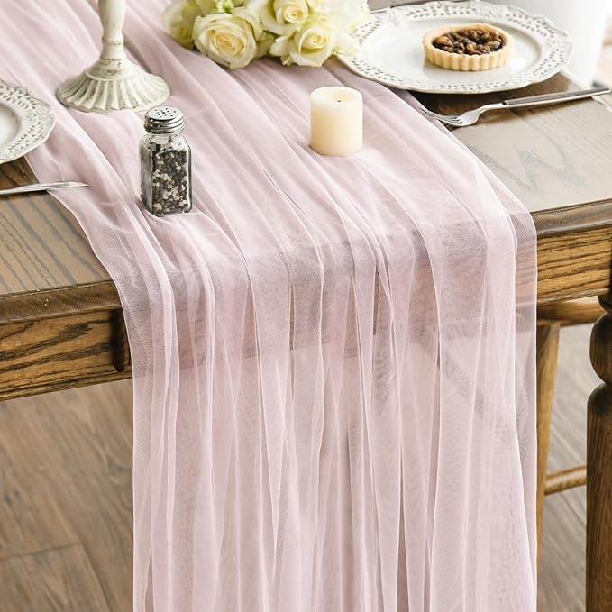 Artoid Mode 3PCS Blushing Pink Gauze Table Runner 120 Inch 10FT, Seasonal Sheer Kitchen Dining Holiday Wedding Birthday Baby Shower Table Decor for Home Party
