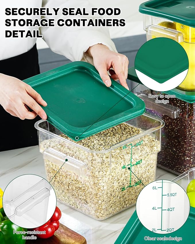 2QT NSF Food Storage Containers: 6 PCS [Food Grade][Hot&Cold Resistant] Commercial Clear Square Food Storage Containers with Scales Handles for Home Restaurant Kitchen Proof Dough(BPA FREE-GREEN N2)