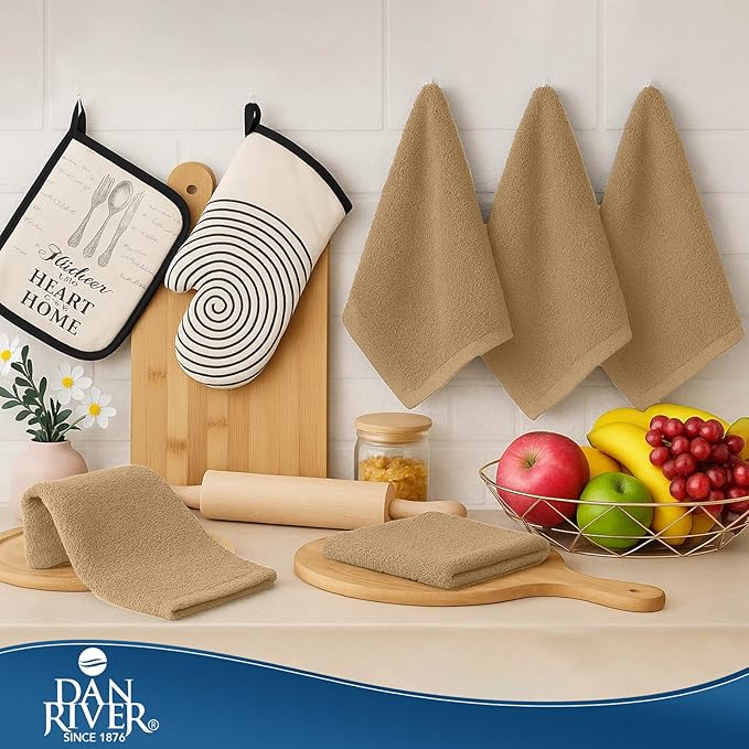DAN RIVER Kitchen Bar Mops,Pack of 12,16 by 19 Inches,100% Cotton Super Absorbent,Multi-Purpose Cleaning Towels for Home and Kitchen Bars-Tan