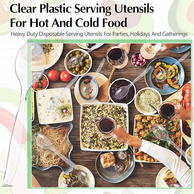 LemonRoad 10 in Plastic Serving Spoons for Buffet Clear Plastic Utensils for Hot and Cold Food Extra Large Heavy Duty Disposable Serving Spoon Utensils for Parties, Holidays and Gatherings(24 Pack)