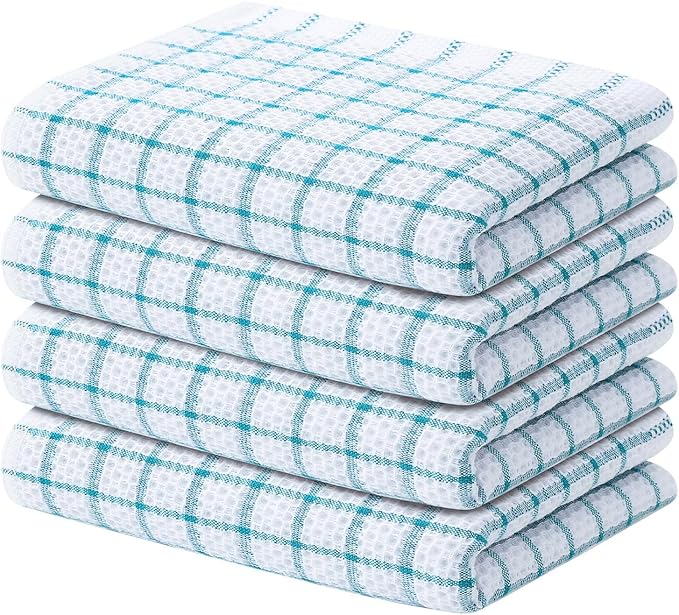 Homaxy 100% Cotton Kitchen Towels 4 Pack-15 X 25 Inches, Check Design Waffle Weave Hand Tea Towels, Super Soft and Absorbent Dish Towel for Drying Dishes, Teal