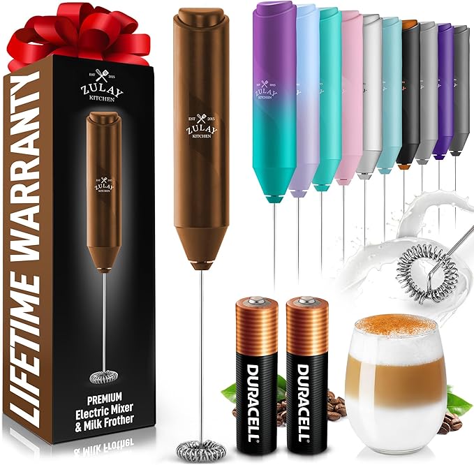 Zulay Kitchen Powerful Milk Frother AA Batteries Included – Ultra Fast Handheld Drink Mixer with Stainless Steel Whisk Stirrer for Coffee, Protein, Matcha & More, Frother Wand Electric Frothmate Brown