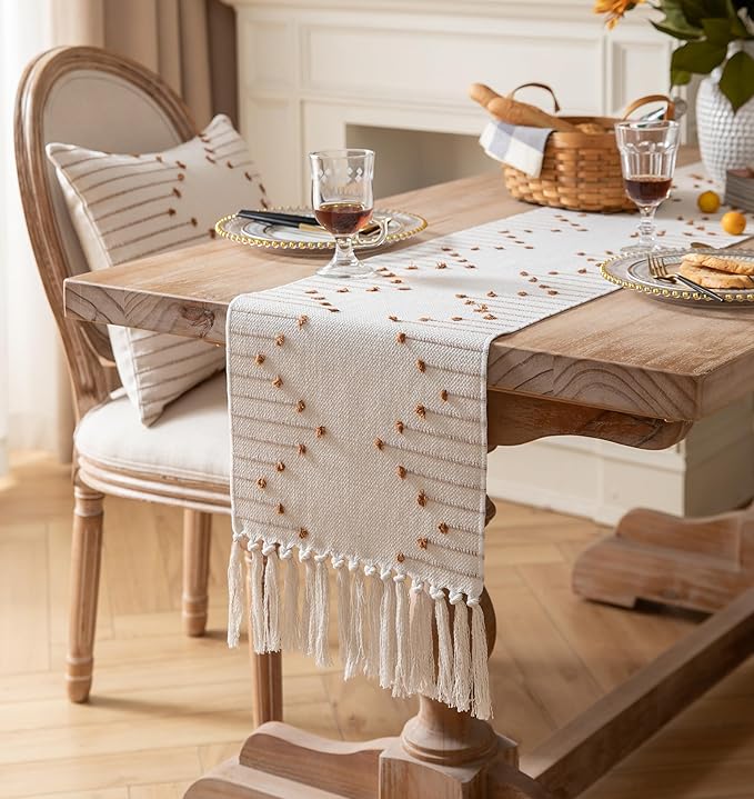 Boho Table Runner 13 x 90 Inch Long Natural Cotton Woven Runner with Tassels for Home Dining Table décor, for Modern Farmhouse Decor Coffee Table Runner, Brown and Beige