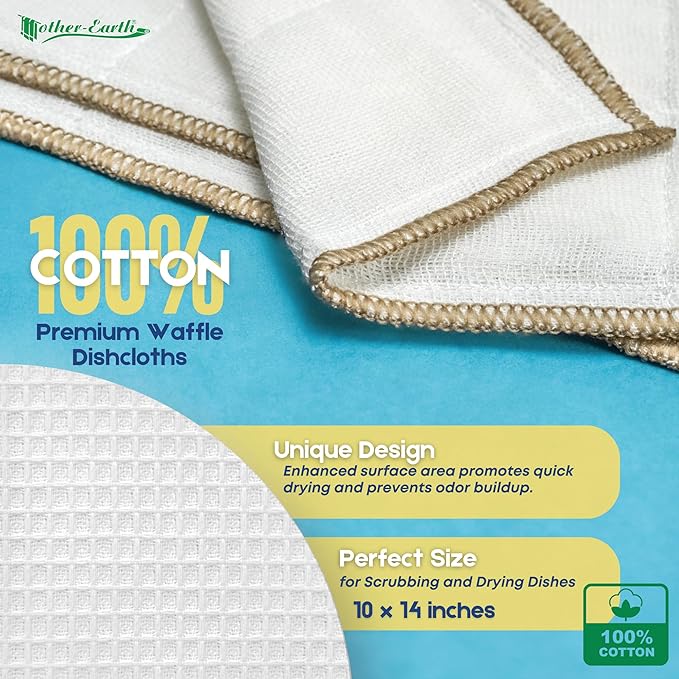 Mother-Earth 12 Pack Cotton Dish Cloths, Ultra Absorbent Quick-Drying Cleaning Cloths, Reusable and Eco-Friendly Dish Rags for Kitchen Use