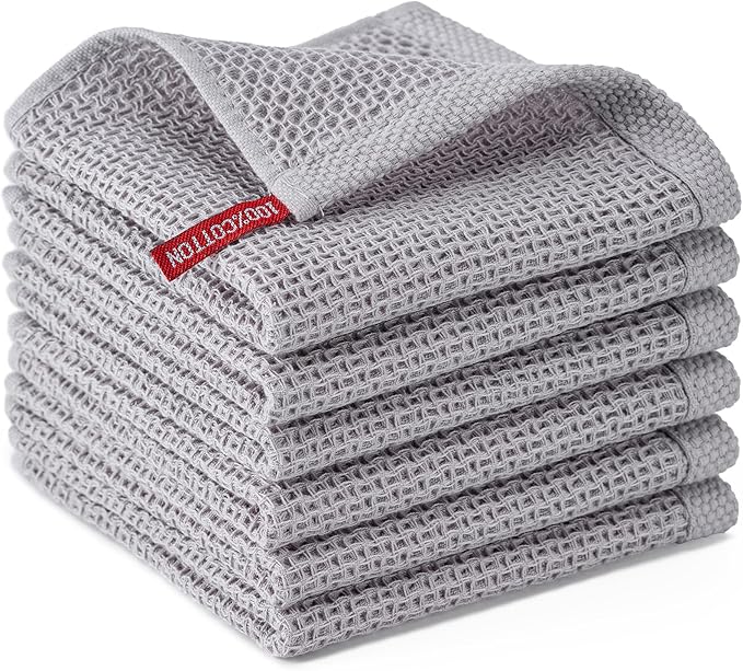 BOOMIBOO 6-Pack Kitchen Dish Cloths, 100% Cotton Waffle Weave, Ultra Soft Absorbent, Quick Drying Dish Towels, 12x12 Inches，Light Grey