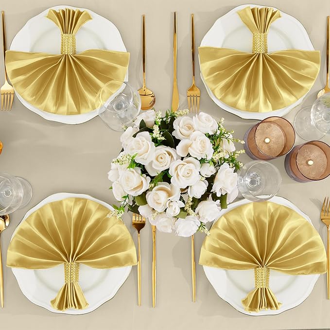 RUDONG M 100 Pcs Gold Satin Napkins and Napkin Rings Set, 17 x 17 Inch Square Cloth Napkins Set of 50, Silky Soft Table Napkins Bulk for Weddings, Banquet, Parties Dinner Decoration