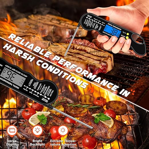 Instant Read Meat Thermometer, Fast and Accurate Digital Food Thermometer with Magnet, Backlight, Waterproof for Cooking, BBQ, Grilling, Baking, Smoker, Candy Making (Black)