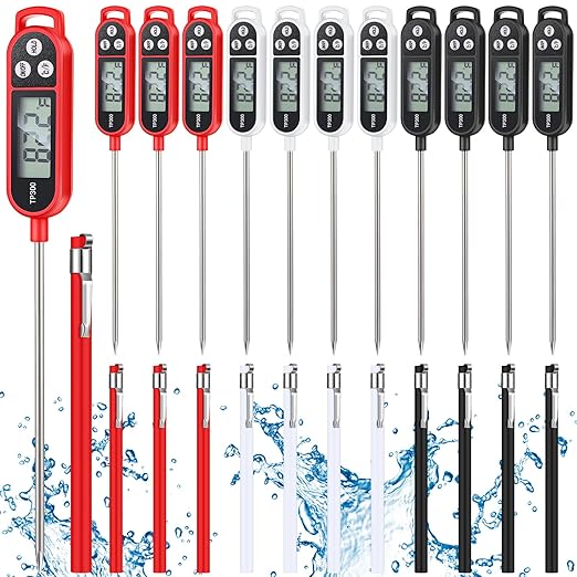 Copkim 12 Pcs Meat Food Thermometer Food with Probe Water Liquid Instant Read Digital Thermometer Kitchen Cooking Supplies for Cooking BBQ Milk Yogurt (Black,White,Red)