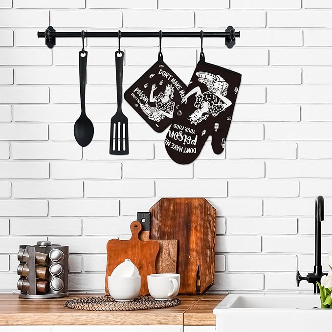 Funny Oven Mitts and Pot Holders Sets Black Kitchen Accessories Cute Kitchen Decor Funny House Warming Gifts Heat Resistant Cooking Baking Gifts for Women (Black, Oven Mitts & Pot Holders)
