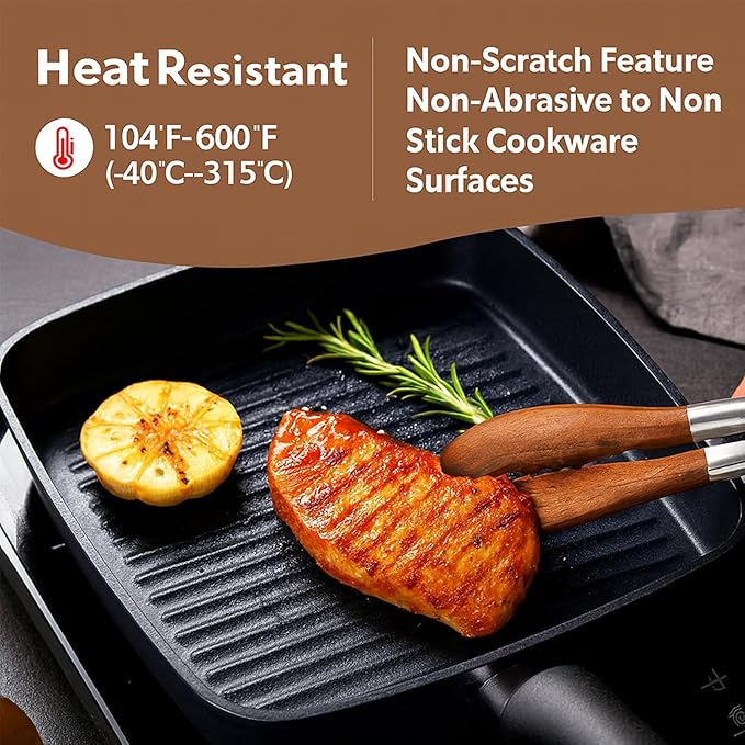 Wooden Tongs Set Of 3 (7", 9", 12"), Stainless Steel BBQ Tongs For Cooking, Frying, Grilling And Salad, Heat Resistant, Non-Slip, Heavy Duty (3 PACK)
