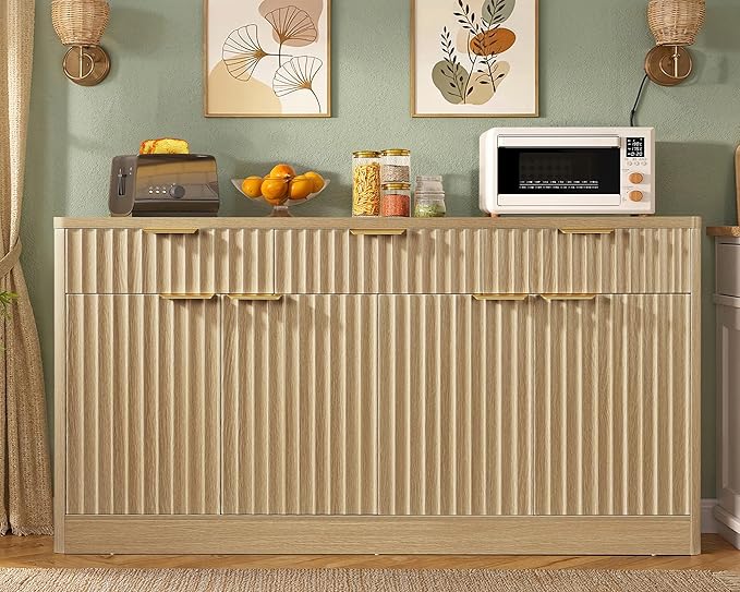 usikey Large Buffet Cabinet with Storage & Drawers, Sideboard Cabinet with 2 Adjustable Shelves & 4 Doors, Coffee Bar Station, Kitchen Storage Cabinets, Natural