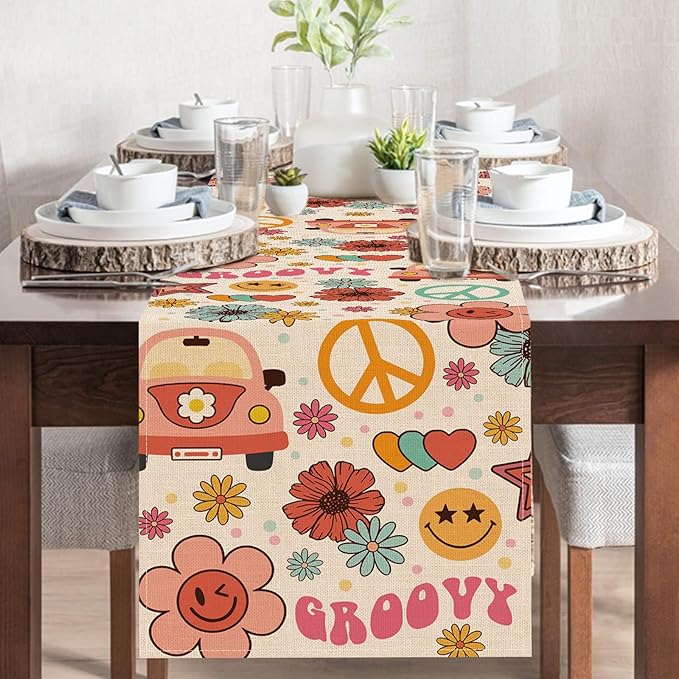 Groovy Hippie Daisy Flower Dining Table Runner, Vintage Bus Floral Peace and Love Burlap Kitchen Decoration, Retro Smiling Face Indoor Outdoor Home Decor Party Supply 13 x 90 Inches
