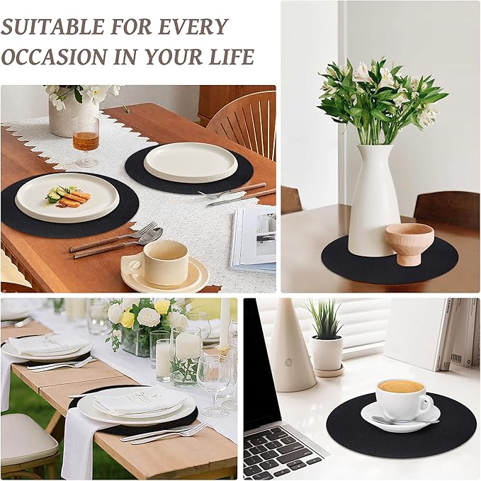 13" Round Placemats Set of 4, Reversible Faux Leather Heat Resistant Table Mats, 100% Waterproof Oilproof Wipeable Table Protective Placemats for Vinyl, Washable for Indoor (4, Black)