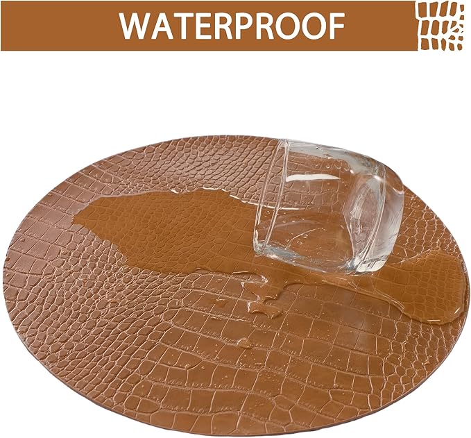 Jovono Round Leather Placemats for Round Tables Set of 8, Brown Place Mats and Coasters, Wipeable Waterproof Heat Resistant Table Mats Easy to Care for Indoor Decor 13 inch Diameter