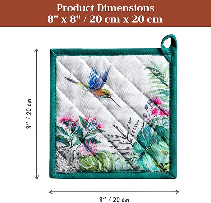 Maison d' Hermine Pot Holders 100% Cotton Heat Resistant Potholders 8" x 8" Hot Pads with Loop BBQ Cooking Baking Gifts for Mothers Day Handling Hot Pans Spring/Summer (Pack of 1, Tropiques)