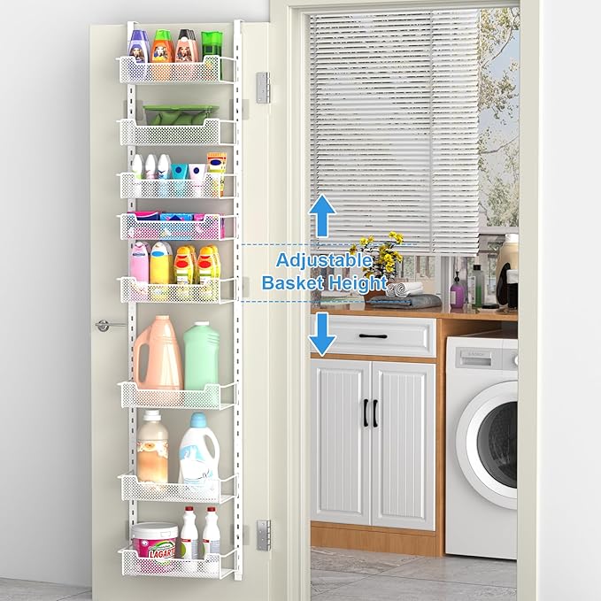 VyGrow 12.3" W Narrow Over the Door Pantry Organizer, 8-Tier Over the Door Organizer with Adjustable Basket, Pantry Door Organization for Pantry Kitchen Storage Room Spice Rack, White