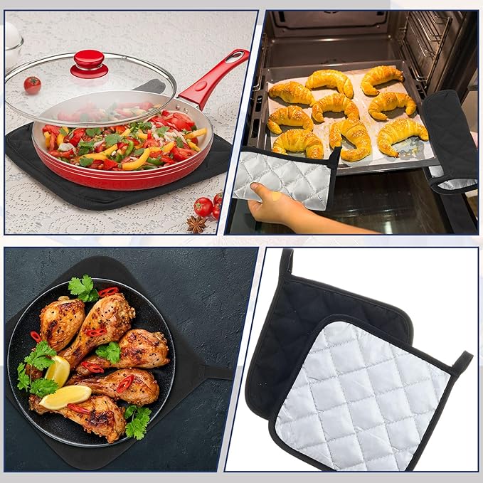 Bokon 12 Pcs Pot Holders for Kitchen, Black Potholders Sets, Heat Resistant Cotton Hot Pad Oven Mitts Trivet with Hanging Loops for Baking Cooking