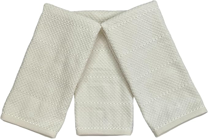 Off White Ivory Cream Kitchen Hand Dish Towels: Oversized 28" x 18",100% Cotton Cloth Soft Cleaning Drying Absorbent Textured Design, Set of 3 Multipurpose for Everyday Use (Creme Textured)