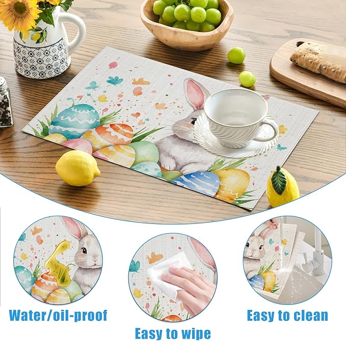 Easter Rabbit Eggs Placemats Set of 6, Washable Linen Place Mat Heat Resistant Non Slip Kitchen Dining Table Mats 12x18 Inch