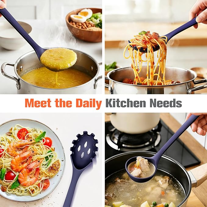 Silicone Spaghetti Spoon&Soup Ladle Cooking Utensils Set of 2,No Scratch for Nonstick Cookware,BPA Free, 450℉ Heat Resistant (BLUE)