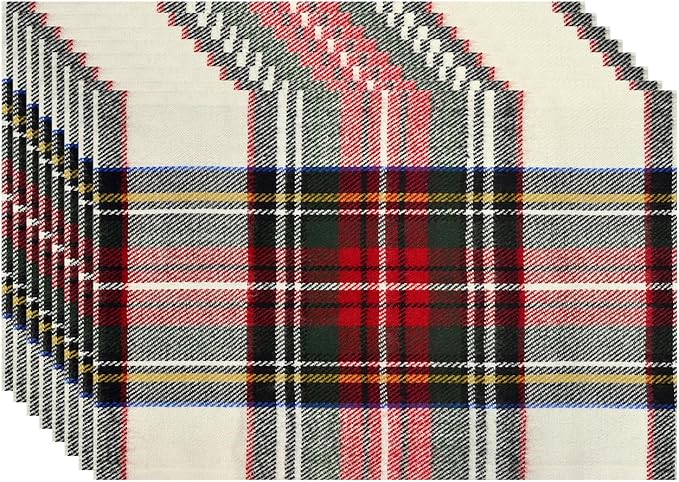 Batmerry Scottish Tartan Placemats, Green Wool Plaid Symmetric Square Fashion Washable Linen Table Mats for Kitchen Table Double Insulation Decor Dining Set Indoor Outdoor 12X18 in Set of 8