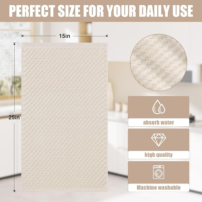 Homaxy 100% Cotton Terry Kitchen Towels(15" x 25", 12 Pack), Soft and Super Absorbent Dish Towels, 380 GSM Reusable Tea Towel with Hanging Loop, Pineapple Grid Designed, Beige