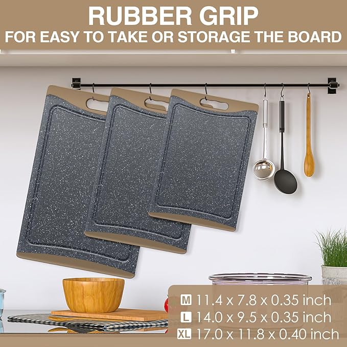 Extra Large Cutting Boards, Plastic Cutting Boards for Kitchen (Set of 3) Cutting Board Set Dishwasher Chopping Board with Juice Grooves Easy-Grip Handles, Brown, Empune
