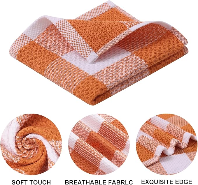 Mordimy 100% Cotton Waffle Weave Plaid Dish Cloths, 12 x 12 Inches, Super Soft and Absorbent Quick Drying Buffalo Check Dish Rags for Kitchen, 12-Pack, Orange & White