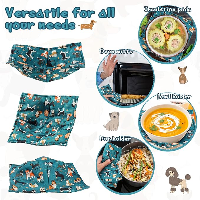 Cunhill 4 Pcs Cotton Microwave Bowl Cozy Holders for Hot Food Hot Pads Soup Bowl Potholders Heat Resistant Multipurpose Quilted Safe Holders for Kitchen Plate Supply(Blue,Dog Style)