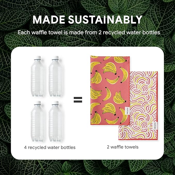 RECYCO Waffle Kitchen Towel Set of 2 - Quick Dry Microfiber Sustainable Dish Towels - Ultra Absorbent Reusable Cleaning Tea Towels - Lightweight Hand Towels,16”x 28”, Banana Joy