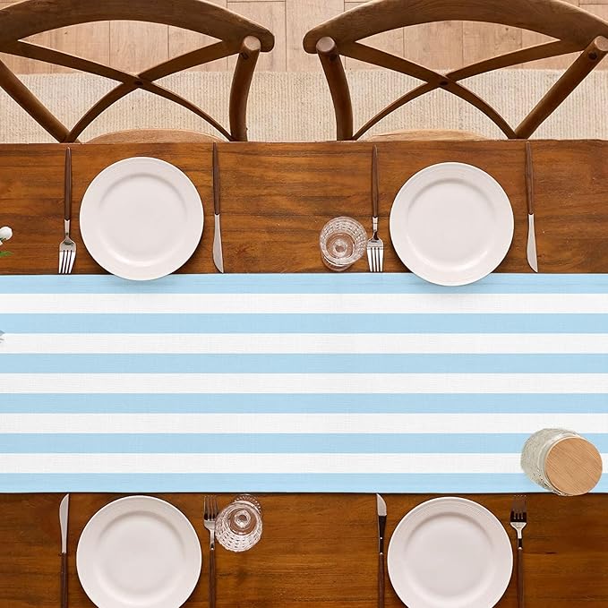 Light Blue and White Cabana Striped Table Runner Coastal Theme Wedding Party Decoration Birthday Baby Shower Dining Room Home Kitchen Table Decor (13" x 72")
