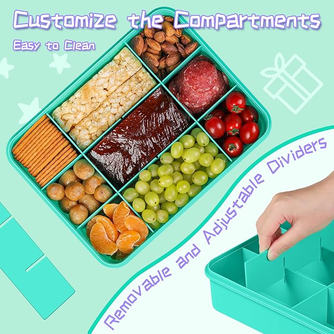 Xyptorix Snack Box Container for Kids - Adjustable 12-Compartment Snack Containers, Reusable Bento Box, Dishwasher Safe, BPA-Free, Perfect for School, Travel, Camping & Picnic, Green, Large
