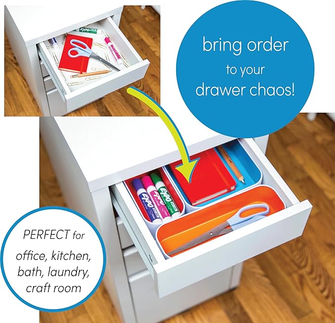 Three by Three Seattle 10 Piece Metal Organizer Tray Set for Storing Makeup, Stationery, Utensils, and More in Office Desk, Kitchen and Bathroom Drawers (1 Inch, Gray, Sky Blue, Orange)