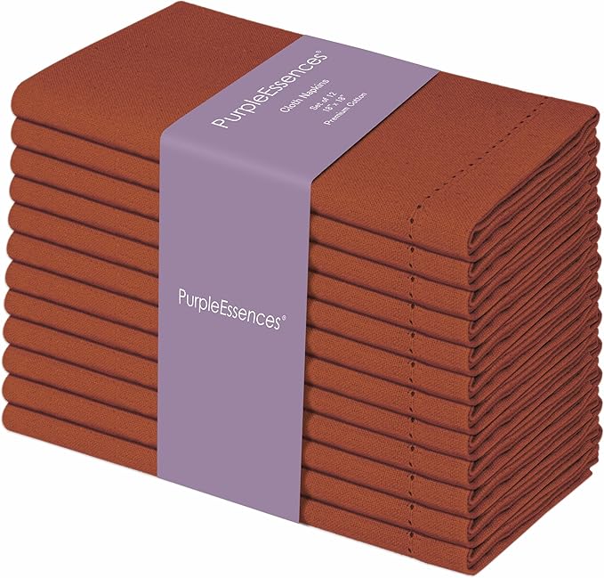 PurpleEssences Rust Set of 12 Hemstitch Cloth Dinner Napkins 100% Cotton - Soft Durable Washable - Ideal for Wedding Spring Easter Summer - Perfect Everyday Use Table Linen 18x18 - Rust