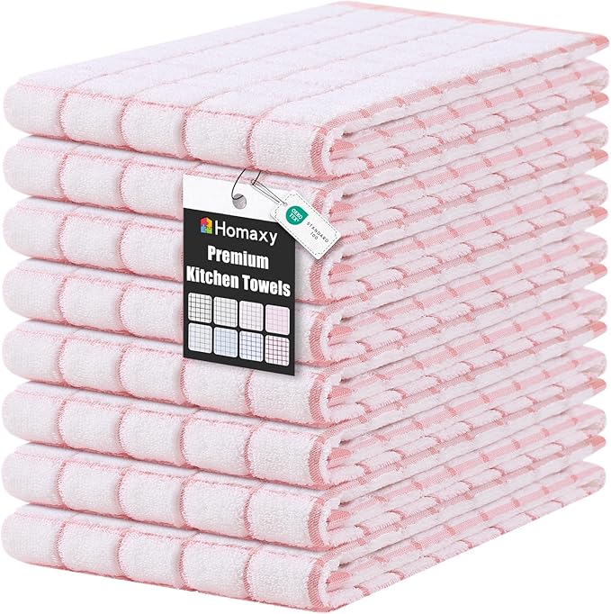 Homaxy Premium Kitchen Towels(16”x 28”, 8 Pack), Large Ring Spun Cotton Dish Towels, Super Absorbent Soft Terry Kitchen Hand Towels, Check Design Tea Towel Set with Hanging Loop, Pink