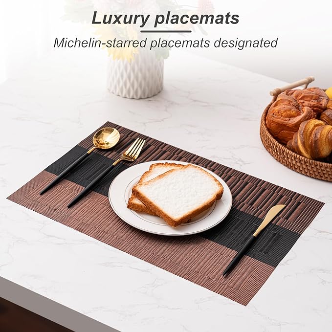 Placemats Set of 6 Washable Indoor/Outdoor Vinyl Place Mats for Dining Table Durable Non-Slip Heat Resistant PVC Weave Table Mats(Brown Black)