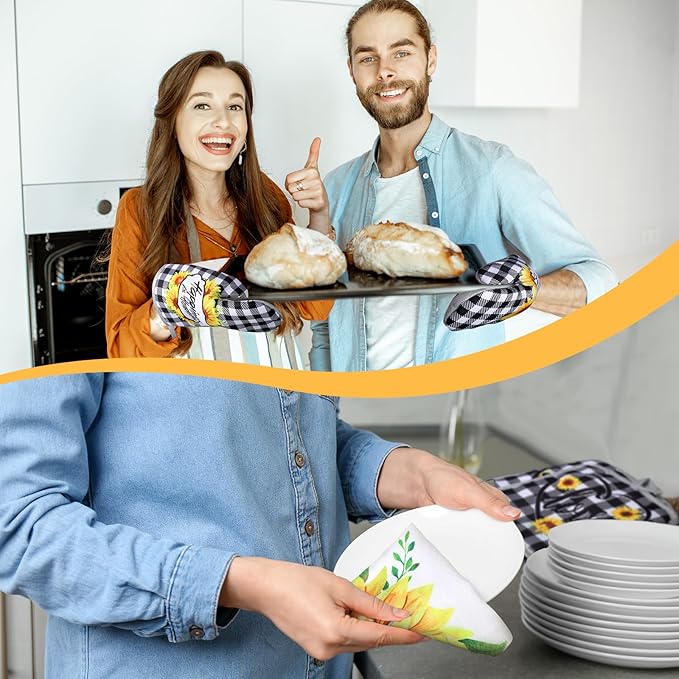 Leinuosen 6 Plaid Sunflower Kitchen Towels Kitchen Decor and Accessories Set Floral Plant Oven Mitts and Pot Holders Sets Farmhouse Absorbent Dish Towels for Cooking Baking Grilling