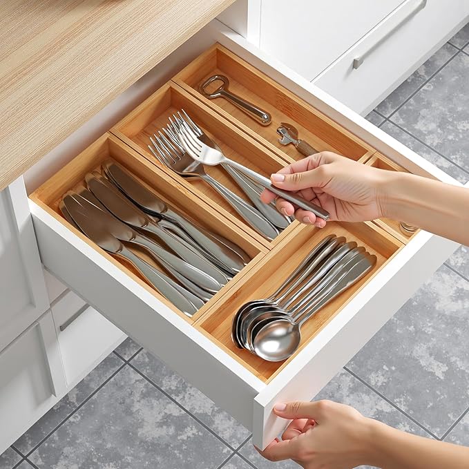 Bamboo Drawer Organizer Boxes, 5 PCS Junk Drawer Organizer, Wooden Storage Trays for Kitchen, Bathroom, Office, Makeup