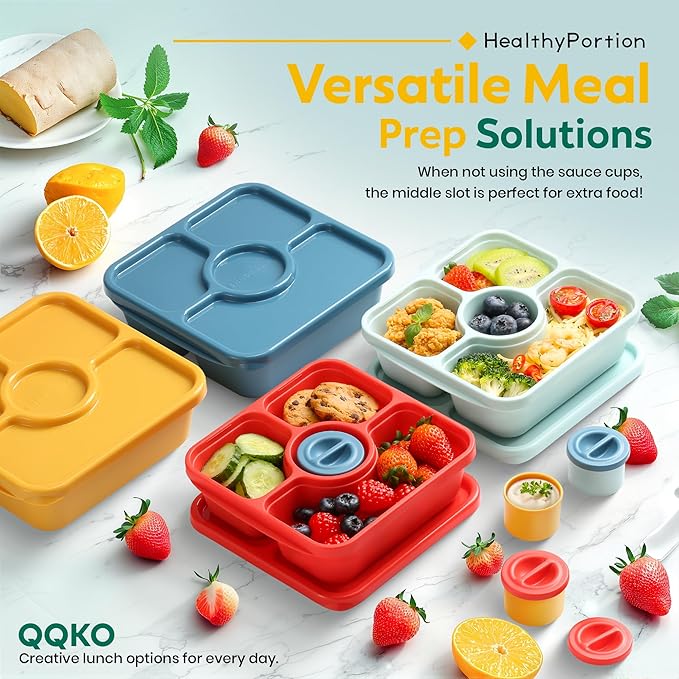 QQKO Bento Snack Box Containers for Adults Kids, Meal Prep Containers Reusuable Bento Lunch Box, Lunchable Food Storage Containers with Lids and Sauce Cups, Vivid Red